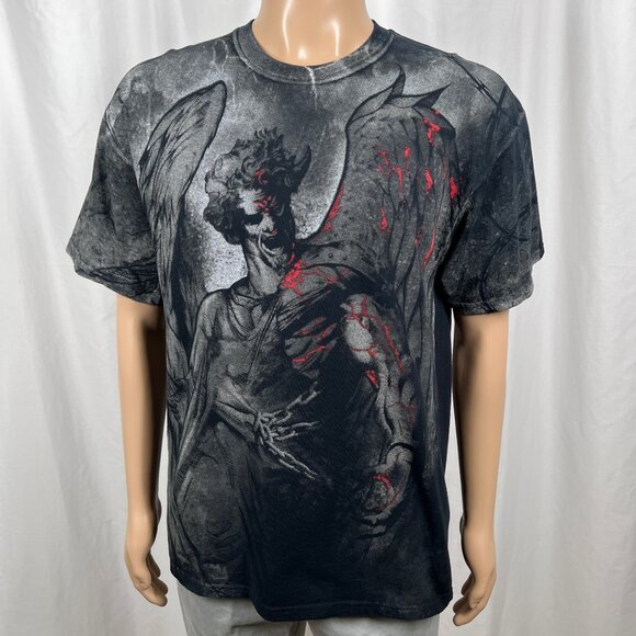 MMA Elite Men’s Large Black Gray Fallen Angel Demon Winged Graphic T-Shirt - Picture 1 of 7